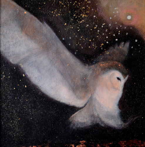 a painting of an owl in flight against a dark night sky filled with stars. the owl is predominantly white and peach with large, spread wings. the background is a dark, almost black, blue with scattered white and gold stars. the overall effect is one of serenity and beauty.