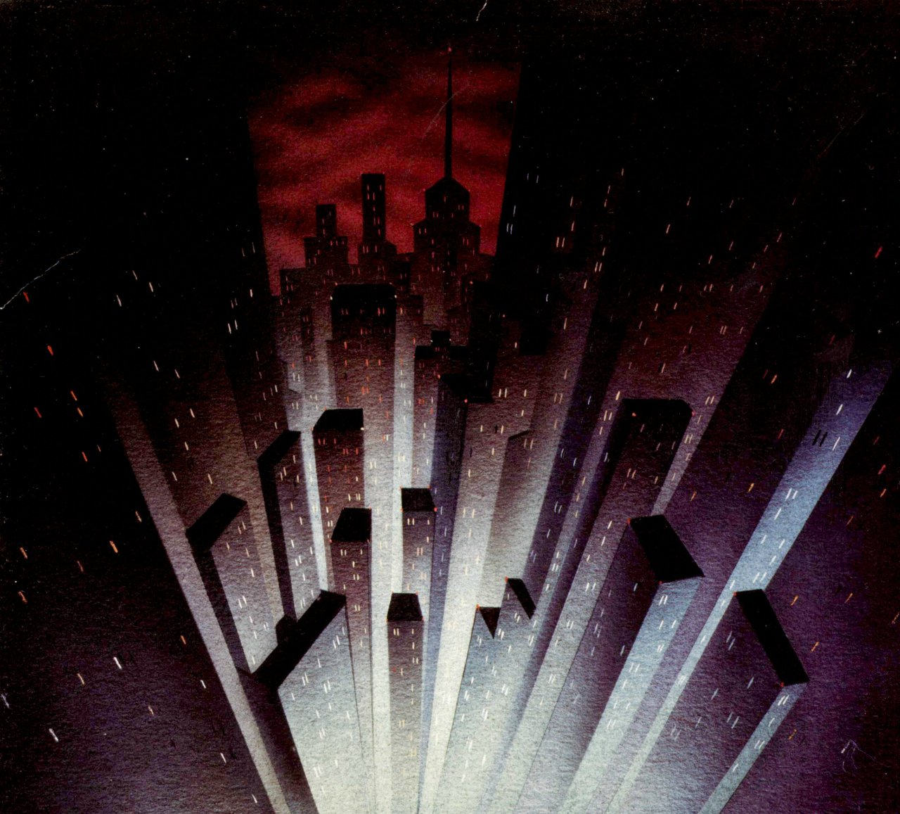 this art decoinspired image depicts a city skyline at night. the buildings are rendered as stylized, geometric shapes, emphasizing their height and grandeur. a dramatic, lowkey lighting scheme illuminates the scene, with spotlights highlighting the buildings against a dark, moody sky. the worm'seye perspective adds to the sense of awe and wonder, making the skyscrapers seem to tower endlessly above.