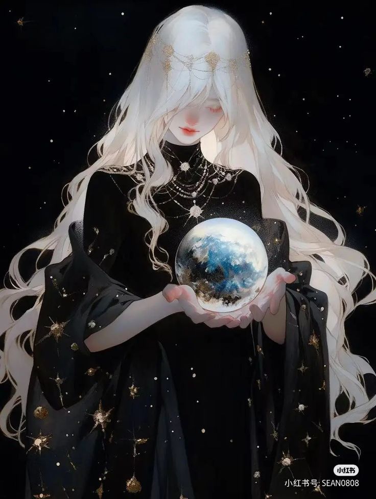 this is a digital art illustration of a beautiful, animestyle girl with long, flowing white hair, wearing a black dress adorned with stars. she is holding a globe that represents planet earth, with a sense of magic and fantasy. the image has a dark and dreamy background with stars and the galaxy in the background. the girl's expression is calm and serene, and her outfit and surroundings create a magical atmosphere.