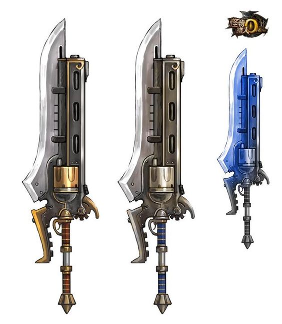 the image showcases three iterations of a fantasy weapon, blending a sword and a revolver. each weapon features a long, sharp blade extending from a revolverstyle chamber and handle. the designs showcase different color schemes, with one featuring a predominantly silver blade and gold accents, another with a darker, gunmetal finish, and the third sporting a vibrant blue blade. the detailed design suggests a steampunk aesthetic.