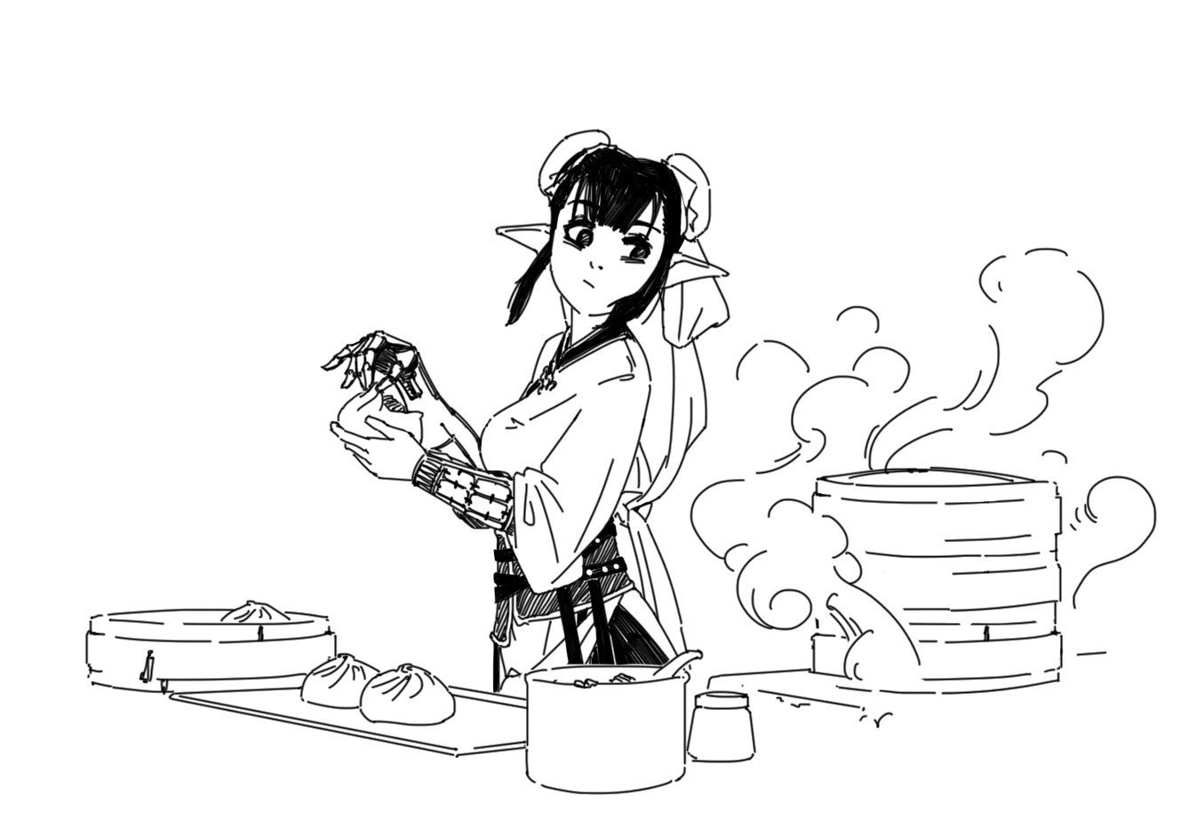 the image is a black and white sketch of an animestyle elf girl cooking baozi (steamed buns). she has pointed ears, dark hair, and is wearing a loosefitting white top and what appears to be a dark apron or skirt. she's shown holding and preparing the buns, with a steaming bamboo steamer in the background, suggesting she's working in a kitchen or restaurant. the style is reminiscent of manga or anime, with a loose, expressive line style.  several other buns sit on a counter, next to a pot and what looks like a small container, possibly for seasoning.  the scene is peaceful and conveys a sense of culinary expertise.