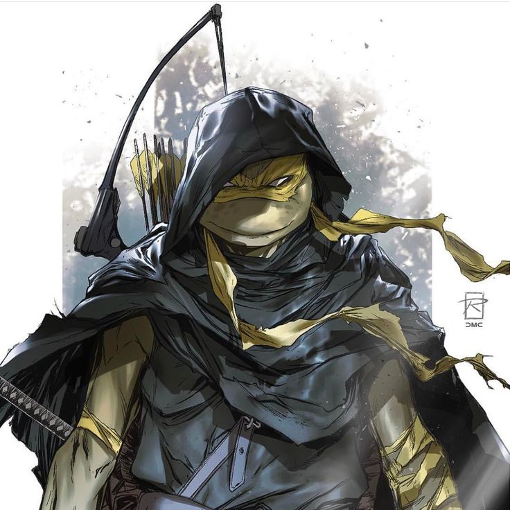 a digital drawing of leonardo from teenage mutant ninja turtles, in a dark hooded cloak and carrying a bow and arrow. he looks like he is in a fighting stance, with a determined expression on his face. the background is a light gray color, and there is some light dusting of what looks like snow or ash.