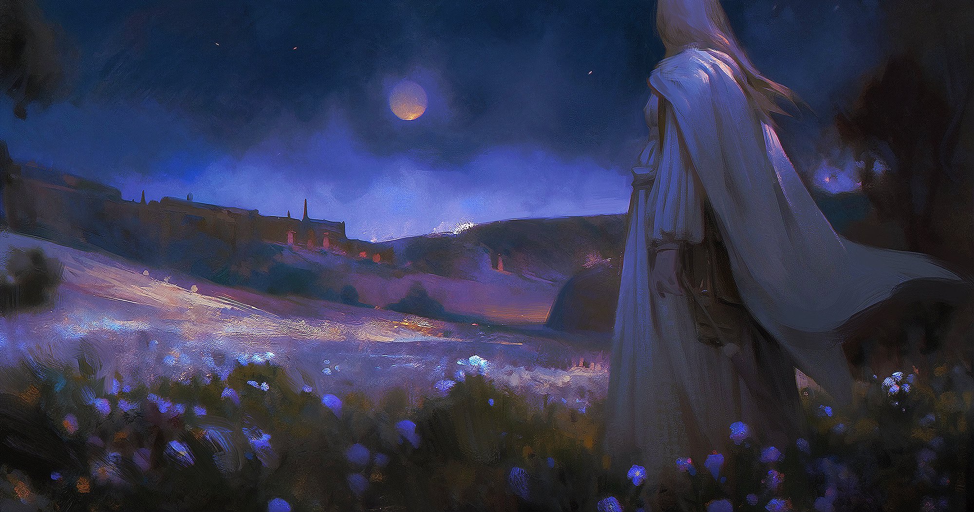 a woman stands in a field of flowers under a moonlit sky. the woman is wearing a long white dress and cape, and her hair is flowing behind her. the moon is full and bright, and the stars are twinkling in the distance. the scene is peaceful and dreamlike, with a sense of mystery and magic. the woman is bathed in the soft light of the moon, and she appears to be lost in thought or contemplation. the field of flowers is a beautiful sight, and the scene is full of color and life. the artwork is digital and resembles a painting.