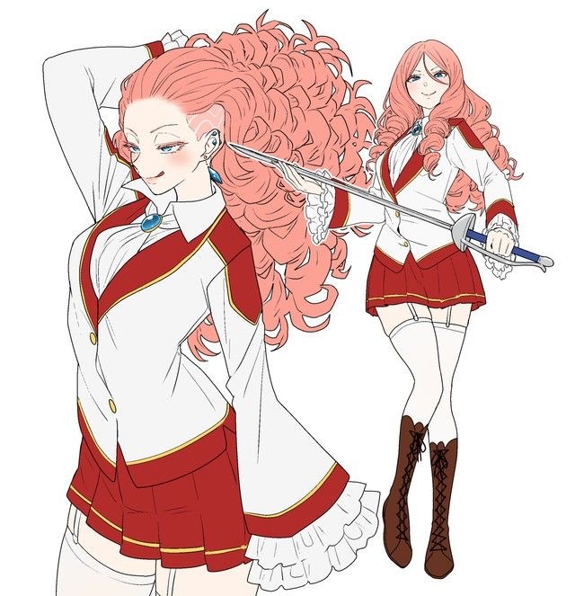 the illustration depicts an anime character dressed in a school uniform.  the character has long pink hair, a white jacket with red accents, and a red skirt. she is holding a sword and appears to be in a fencing position. her eyes are closed and she looks as if she is getting ready for battle.