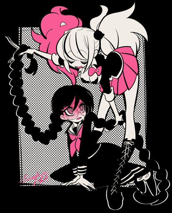 two anime girls, one with black hair and one with pink hair, are smiling and posing with their arms around each other. the girl with the pink hair is wearing a pink and black dress with a pink bow and black boots. the girl with the black hair is wearing a black and white school uniform and black boots. they are both standing in a comicbook style frame with black and white polka dots. the girls are facing each other and seem to be happy and friendly. the image is very colorful and has a lot of detail. it is a cute and heartwarming image of friendship.