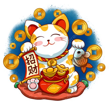 the image is a cartoon illustration of a manekineko, or lucky cat, a popular japanese and chinese figurine believed to bring good fortune. this particular cat is white and yellow with a cheerful expression, sitting on a red cushion with a scroll that says "招财" (zhāocái  attract wealth) in chinese.  it's holding a gold ingotfilled bag and a fish, surrounded by floating gold coins. the style is vibrant and colorful, typical of festive asian art.
