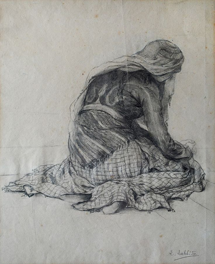 a pencil sketch of a woman kneeling with her head covered by a head scarf. she is wearing a long robe and has a patterned blanket draped around her legs. the sketch is done in black and white and shows great detail in the folds of the clothing and the texture of the blanket.
