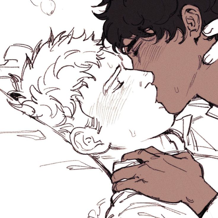 this is a black and white drawing of two men kissing. the man in the foreground has short dark hair and is looking at the man in the background. the man in the background has short blonde hair and has his eyes closed. their cheeks are flushed and their lips are touching. the man in the foreground is holding his hand on the man in the background's shoulder. they are both dressed in shirts with