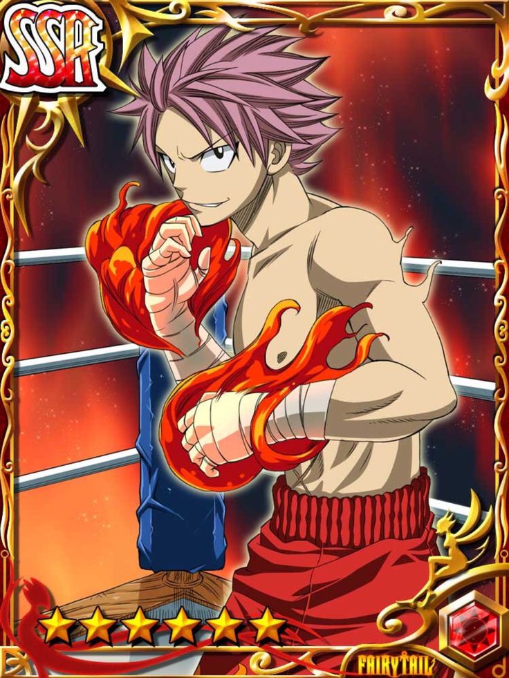 the image is a card from the fairy tail mobile game. it features natsu dragneel, a character from the popular anime and manga series. he is depicted in a boxing stance, his right hand raised in a fist, with flames surrounding it. he is shirtless and wearing red boxing shorts. the card has a gold border and features the fairy tail logo in the bottom right corner.