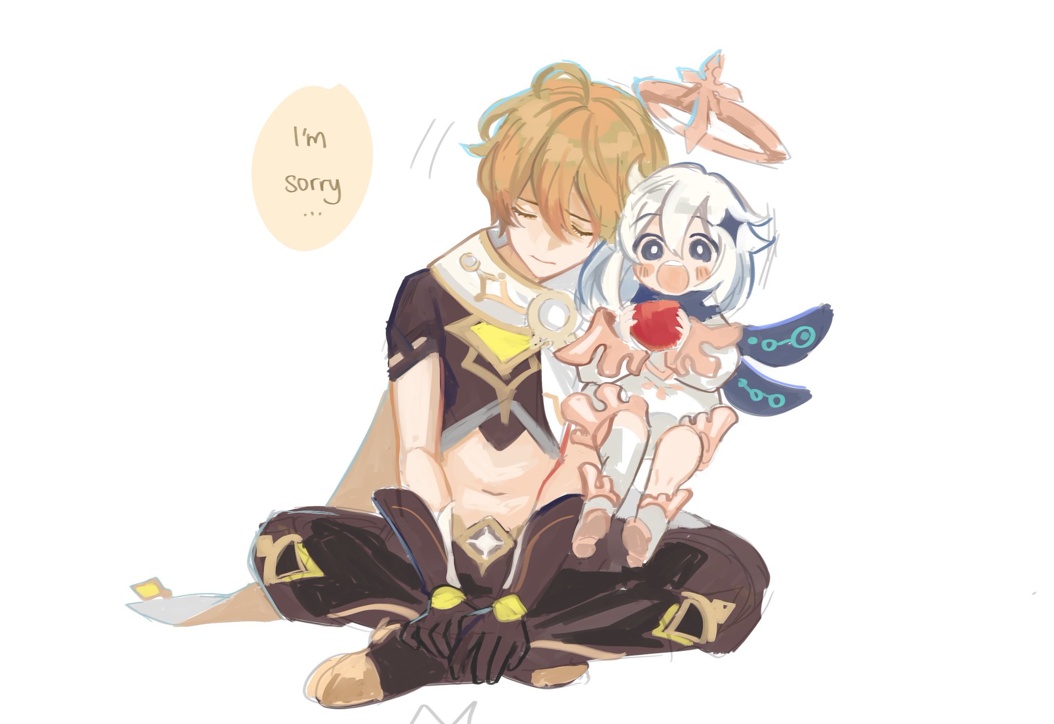 a digital illustration of the characters albedo and ganyu from the video game genshin impact. albedo is a young male character with blonde hair, a white shirt, and brown pants. he is kneeling and hugging ganyu, a young female character with white hair and a white dress. albedo is looking down with a sad expression and saying "i'm sorry", while ganyu looks up at him with a happy expression. they are both surrounded by a white background.