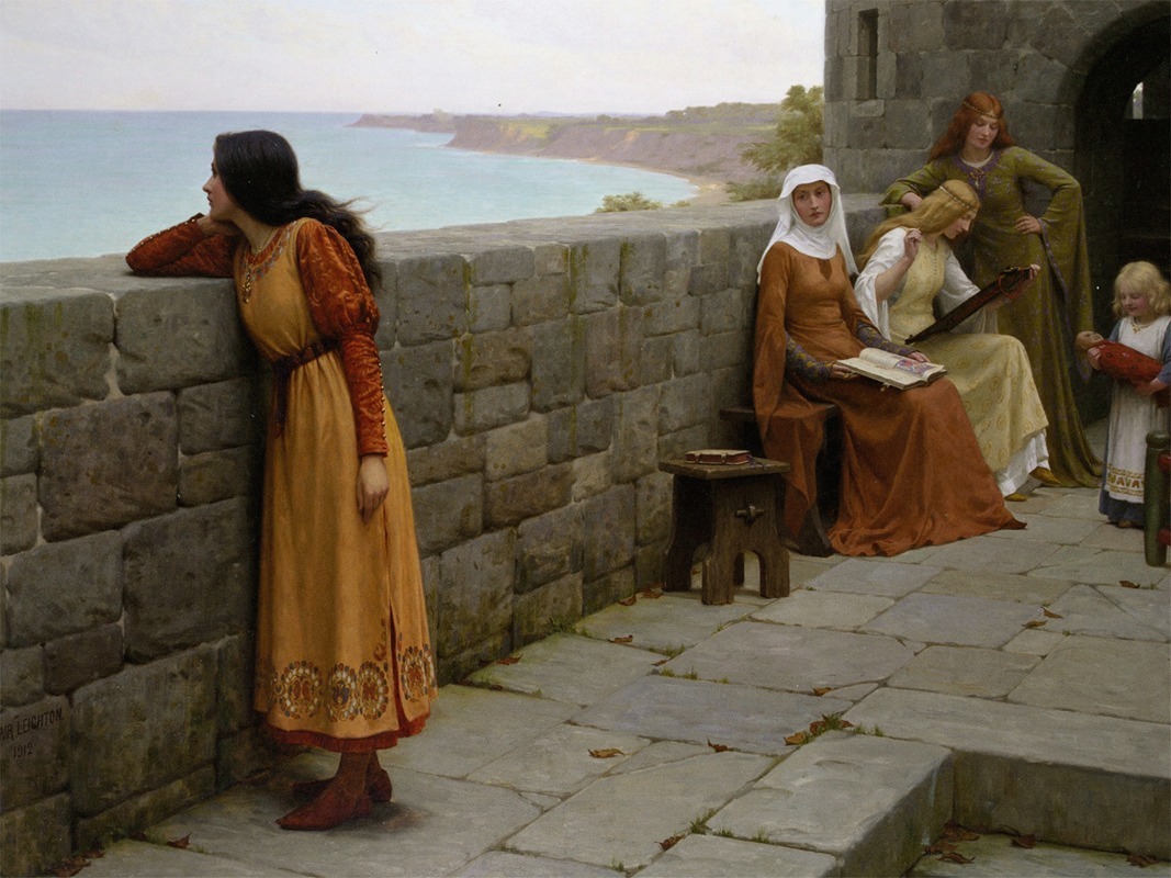 the painting depicts a scene with several women and a child within a medieval castle or fortified structure, overlooking the ocean. one woman, dressed in a mustard yellow and red dress, is leaning against the wall and gazing out towards the ocean. another woman, dressed in orange and wearing a white head covering, is seated and reading a book, with a wooden stool next to her. two other women are nearby, one dressed in yellow and examining a piece of cloth or embroidery, and another dressed in green, standing behind and to the side. a young child is holding a doll near the edge of the scene. in the background, a tower is visible, and the landscape shows a coastline with cliffs and trees. the painting's style and subject matter evoke a sense of historical or literary narrative.