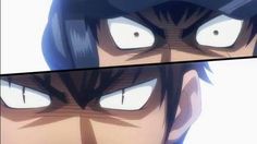 this is a close up shot of a male anime character who appears to be surprised or shocked. the focus is drawn to his wide open eyes.