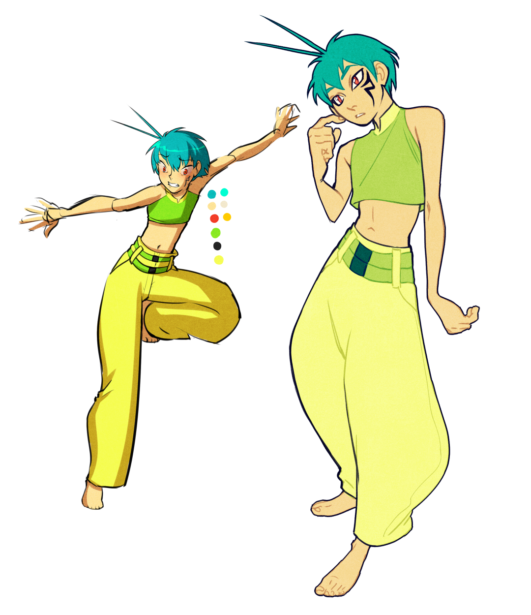 two drawings of the same original character on a plain white background. the character is a young, possibly teenage, boy with spiky teal hair, red eyes and dark markings under his eyes.  he's wearing a green crop top and baggy yellow pants with green trim.  he's in action poses. the left pose is dynamic, depicting motion. the right pose is static, the character appears ready to fight.  there's a small colour palette between the characters.