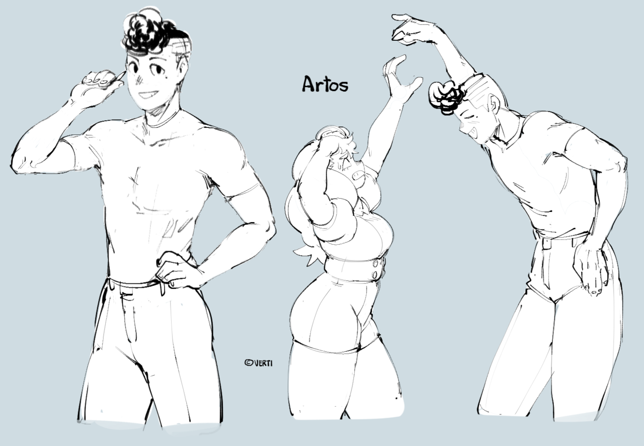 three cartoon characters are drawn in a sketch style.  the characters are posing in different ways.  one character is standing and looking off to the left side of the page, another character is facing the right side of the page with their arm stretched above their head, and the third character is facing the left side of the page with their arm stretched above their head. the background is a light blue.  the title "artos" is written at the top of the page.  the artist's signature "o'vert" is located in the bottom of the page.