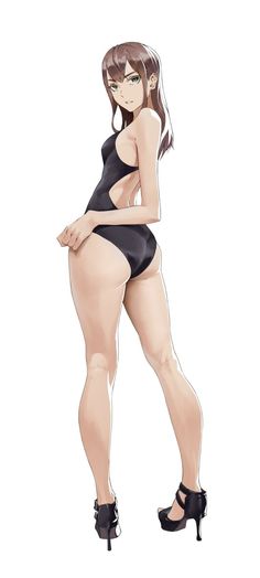 an anime illustration of a girl with brown hair and green eyes standing in a black one piece swimsuit. she has on high heels, and her legs are spread wide apart as she poses in the illustration.
