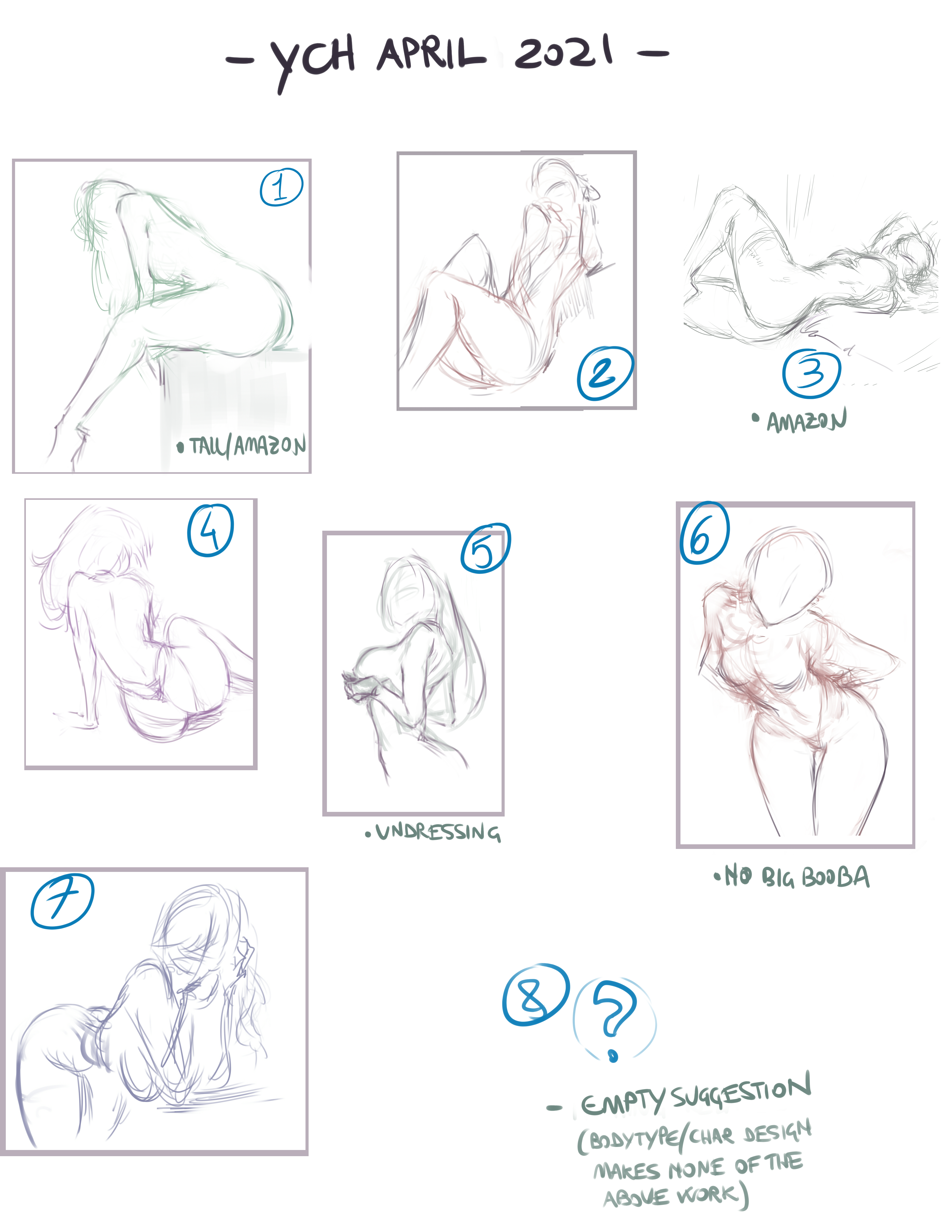 the image is a page of figure drawing sketches for "your character here" (ych) options.  each sketch is numbered and some have additional labels like "amazon," "tall/amazon," "undressing", and "no big booba."  there is space at the bottom for an additional suggestion.  the sketches are primarily of women in various poses.