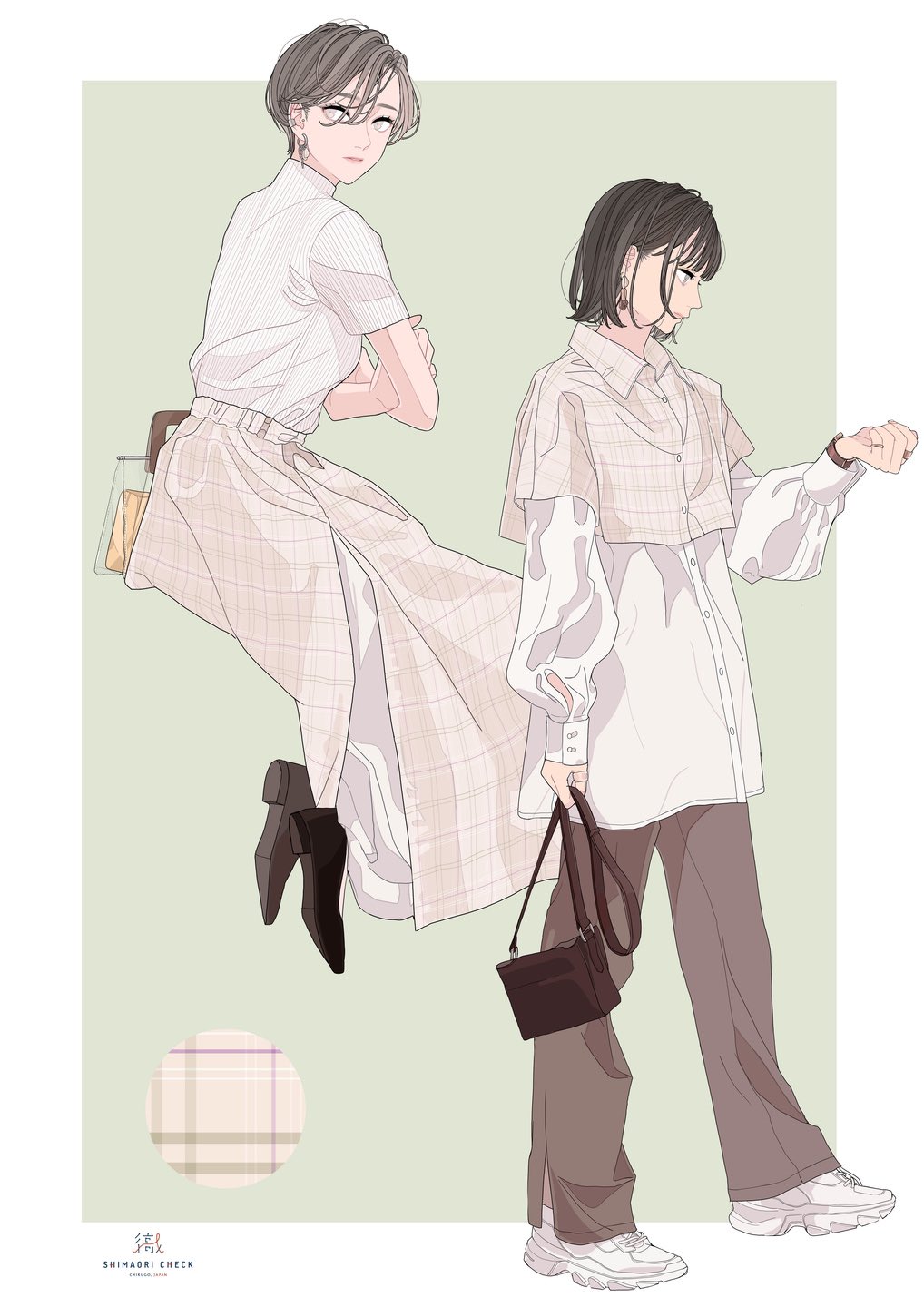two animestyle women are depicted in a fashionable illustration. the woman on the left is wearing a white shirt, a long plaid skirt, and black boots. she has short hair, glasses, and earrings, and she's carrying a shopping bag. the woman on the right is wearing a white longsleeved shirt with a plaid capelike layer, brown pants, and white sneakers. she has short hair and is holding a brown purse. the background is a light green color.
