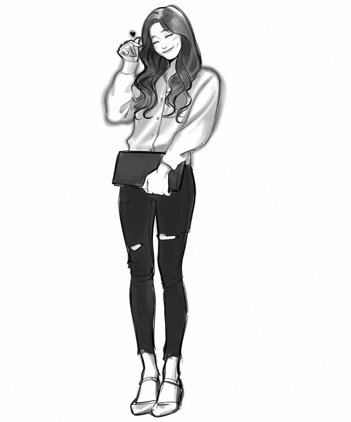 a black and white illustration of a young woman standing and smiling. she is wearing a white buttondown shirt, black ripped jeans, and heels. she is holding a black clutch bag in her left hand and making a finger heart with her right hand.
