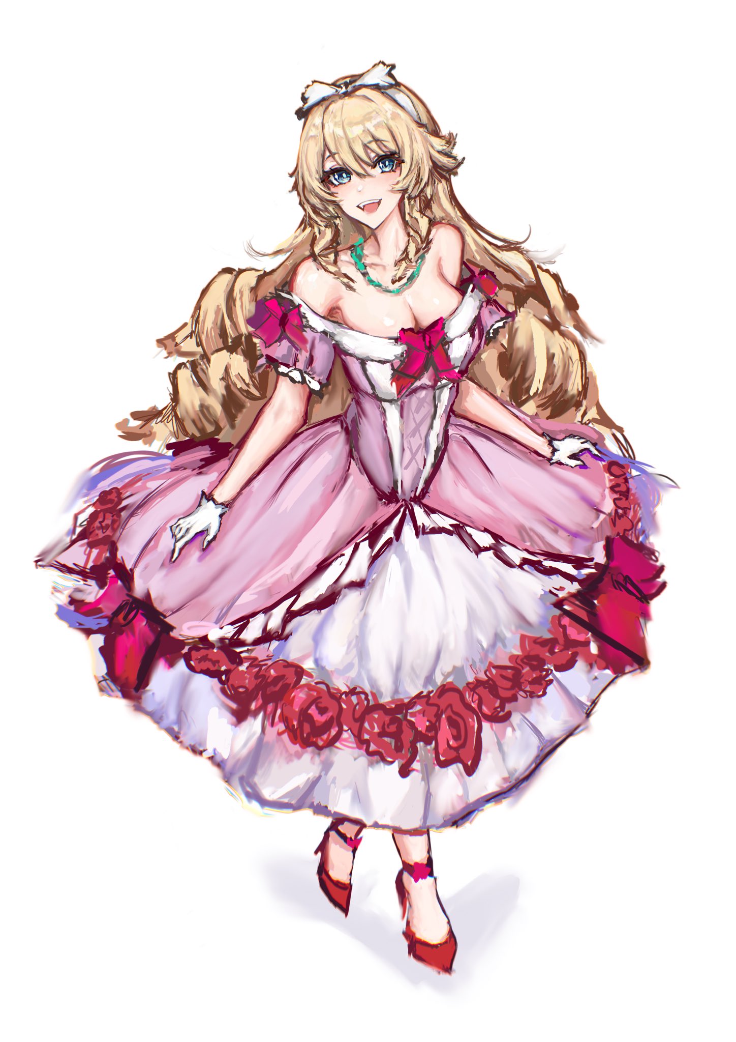 the image depicts a digital illustration of a beautiful anime girl with blonde hair wearing a pink and white dress with red rose accents. she is smiling cheerfully as she stands with her arms out, presenting herself to the viewer. the image is set against a white background and has a whimsical, magical feel.