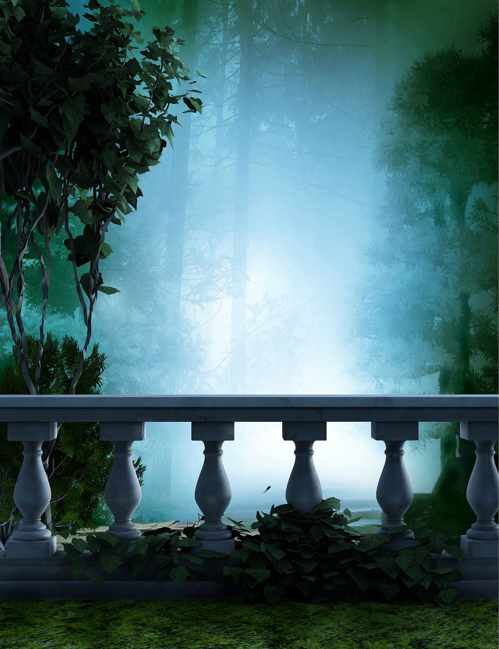 a digitallycreated image showing a stone balcony overlooking a foggy forest. the balcony has a balustrade with ornate columns. ivy and vines are growing around the base of the balustrade. beyond the balcony, a dense forest is shrouded in fog. the scene is bathed in shades of green and blue, creating a mystical and serene atmosphere.