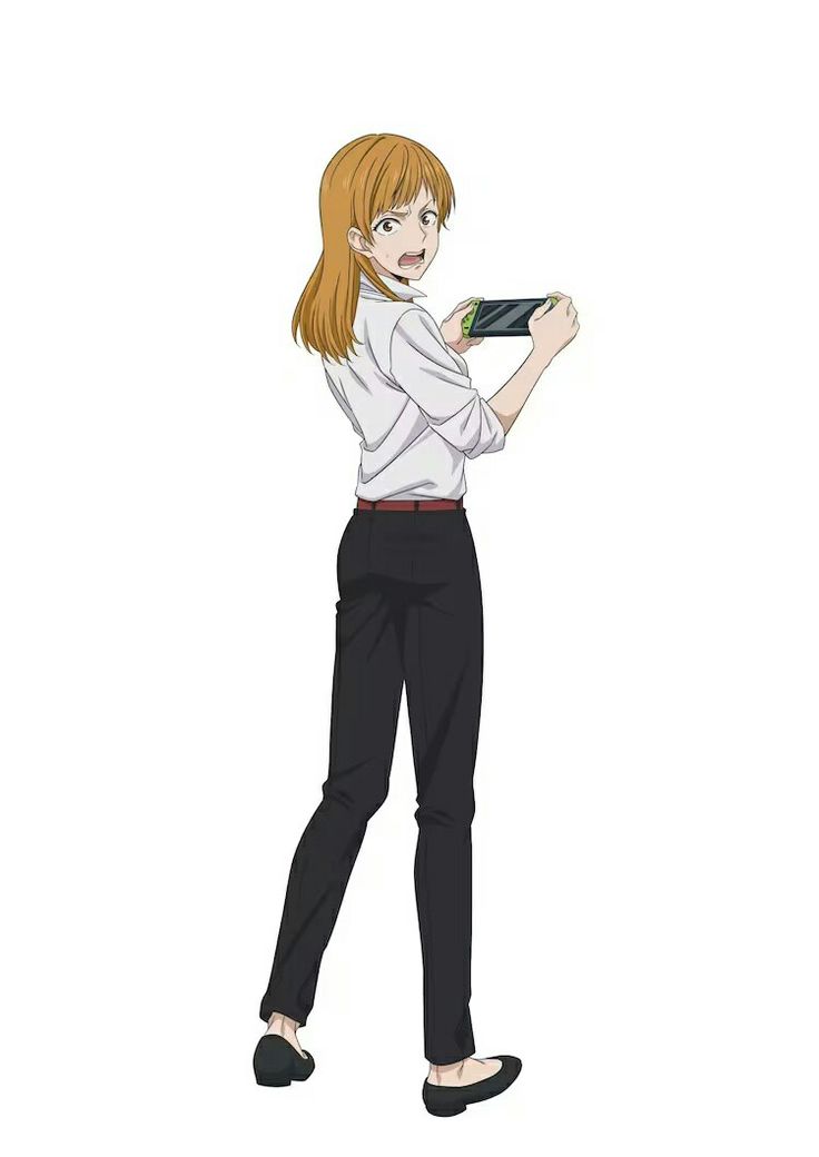 a blondehaired anime girl with a white shirt and black pants is shown playing a game on a tablet, her facial expression suggests she is very focused and possibly frustrated with the game.