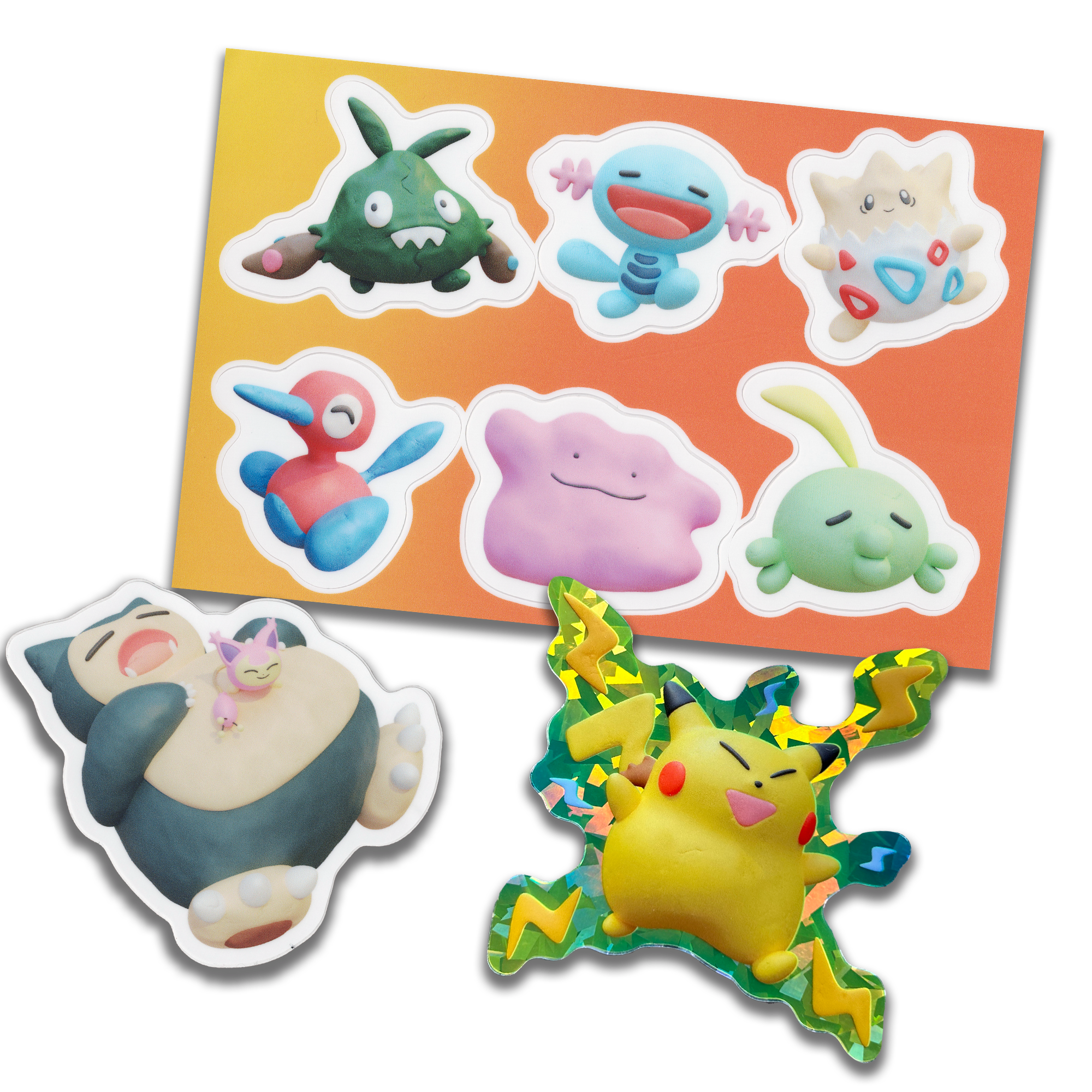 a collection of 8 pokemon stickers that are on a sheet of paper. the stickers are of charmander, pikachu, snorlax, jigglypuff, vaporeon, bulbasaur, mewtwo, and mew. the stickers are on a bright orange and yellow background.