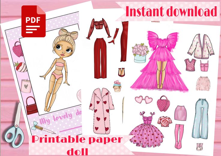 the image shows a printable paper doll with various clothing and accessory options. there's a paper doll with a bow in her hair, along with outfits like dresses, pants, tops, and coats. accessories include bags, shoes, glasses, and a pen. the design features hearts and a color scheme of pinks and reds. the image also indicates that it's available as an instant download in pdf format. scissors are also present, indicating cutting the paper doll and clothing items.