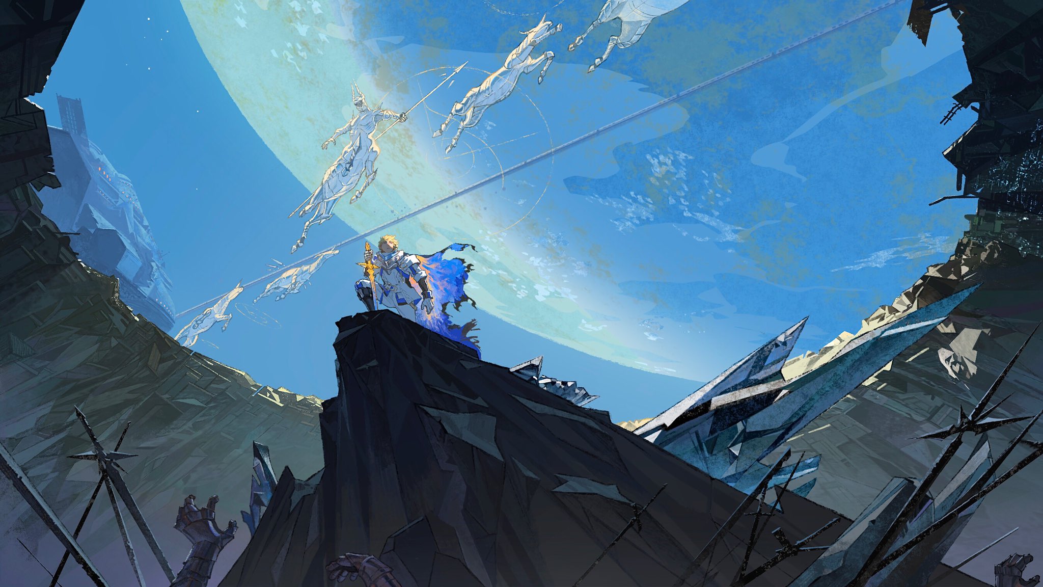 a digital illustration showing a warrior standing on a rock outcropping, with a background of a crescent moon shape in the sky.  in the distance, there are spaceships and a knight on a horse, with a sword.  the sky is a soft blue with clouds.  the warrior has a sword and cape flowing behind him, and the rock he stands on is a dark grey.  the background is a dark grey, with a large spaceship shape and a sharp, metalliclooking structure.  there are shards of metal and other debris scattered throughout the scene.  the colors are mostly muted blues and greys.