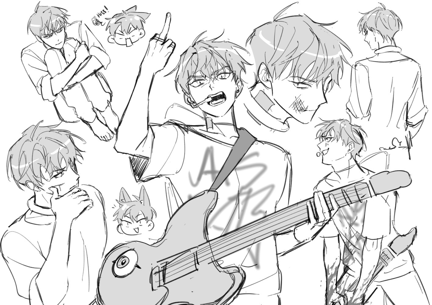 a sketch of several anime/manga boys with various expressions and poses. one is holding a guitar.  there are multiple instances of the same boy, in different poses, which suggests a sense of playful animation.  there are also a few sketches of a younger boy with bunny ears.  the overall mood of the sketch is fun, casual, and cool.