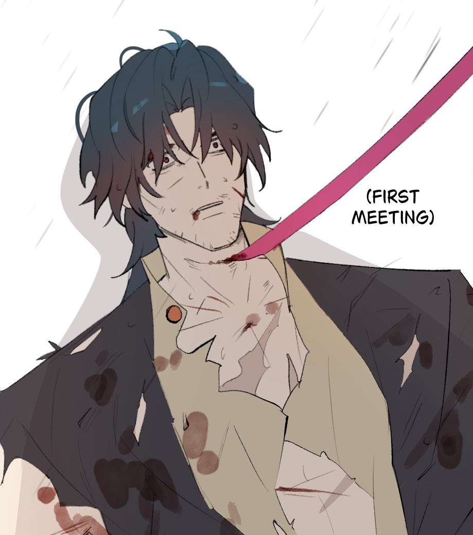 the image depicts a man with dark hair, wearing a torn jacket, covered in blood and wounds. a pink ribbon is wrapped around his neck, implying he is tied up. the text "first meeting" appears above the man, indicating a significant moment in a storyline. the image conveys a sense of drama, intensity, and fear, suggesting a tense and possibly dangerous situation.