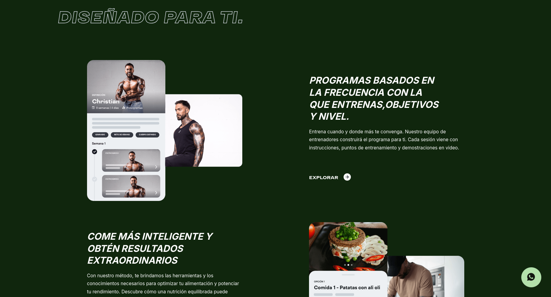 the image is a website for online fitness training. it has the words "diseñado para ti" which means "designed for you" in english. the website features a man doing a workout, with the title "come más inteligente y obtén resultados extraordinarios" which means "eat smarter and get extraordinary results." the website also features a meal plan with the title "comida 1patatas con ali oli" which means "meal 1potatoes with garlic and oil." the website is designed to help people achieve their fitness goals by providing them with personalized training programs and nutrition plans.