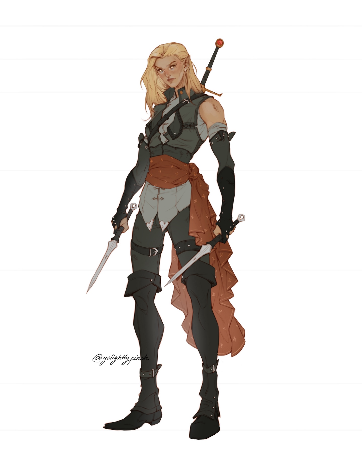 the image is a digital painting depicting a female elf character, possibly a rogue or warrior, in a fantasy setting. she has long blonde hair, pointed ears, and is dressed in darkcolored leather armor accented with an orange sash. she is armed with a sword strapped to her back and two daggers she holds in her hands.  her pose is confident and slightly defiant. the art style is stylized and painterly, with soft shading and muted colors creating a polished final product.  the background is plain white, focusing attention on the character. the overall mood is one of adventure and preparedness.