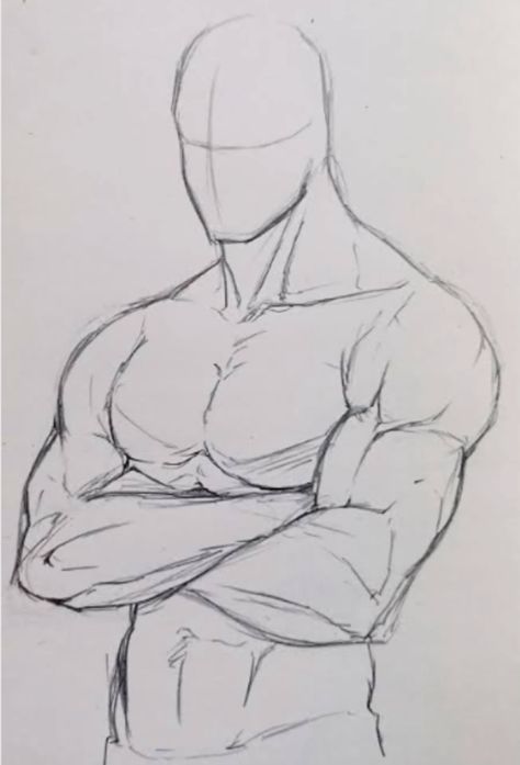 the image is a pencil sketch of a muscular man from the waist up. he is standing with his arms crossed over his chest, and his head is tilted slightly down. the sketch is detailed and shows the man's musculature.