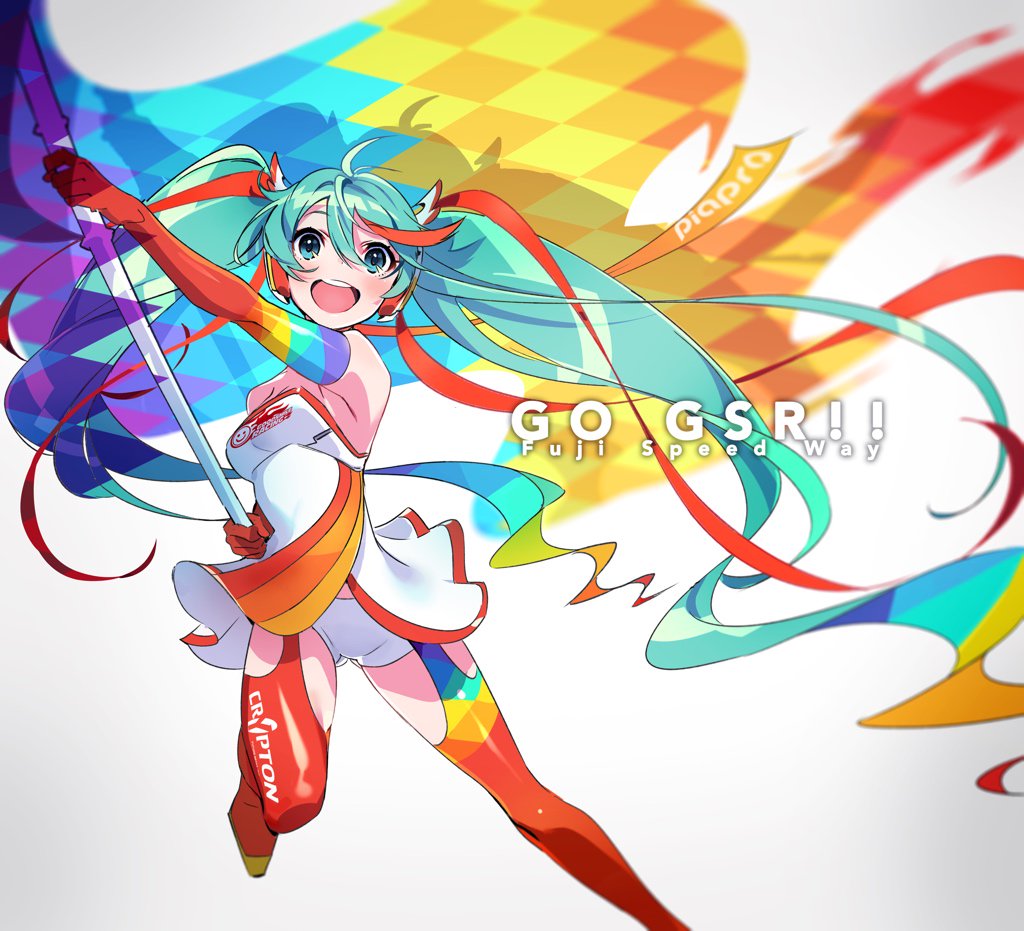 the image features hatsune miku, a popular vocaloid character, dressed in a colorful racing outfit. she is holding a checkered flag, symbolizing victory, against a dynamic background of rainbow stripes and checkered patterns.