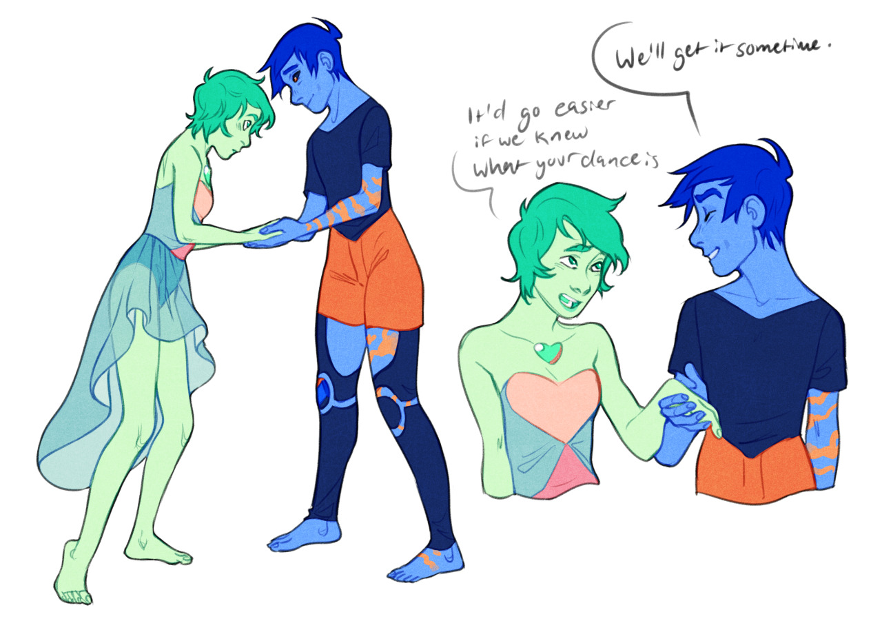 a colored sketch of two gem characters from steven universe, probably an amazonite and a lapis lazuli, struggling to dance together, the lapis encouraging the amazonite with "we'll get it sometime." the smaller sketches show the amazonite fused with a yet unknown gem.