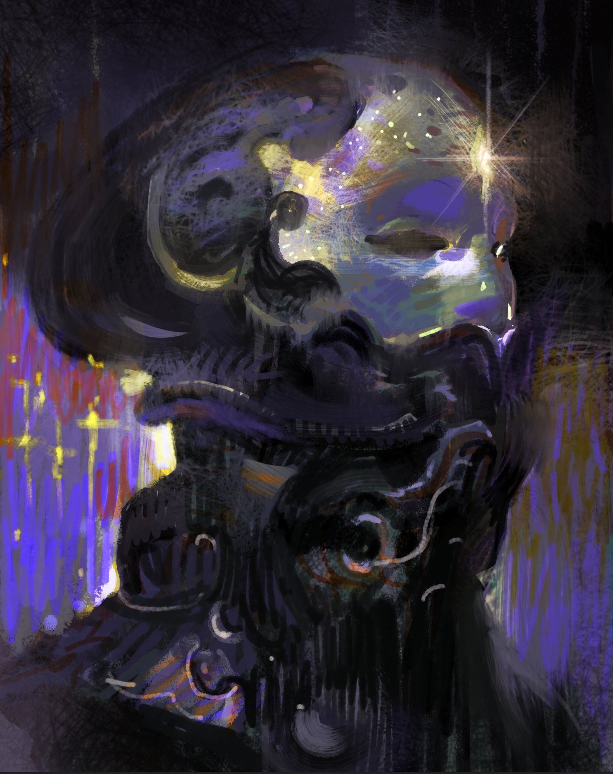 this digital painting is an abstract portrait of a human face. the face is obscured by shadow and is only partially visible. the eye is illuminated with bright gold and white light. the skin of the face is a purple and blue color with gold highlights. the hair is a black and purple color. the background is a dark, abstract shape that is also purple and blue. the painting is stylized and has a surreal and futuristic feel.