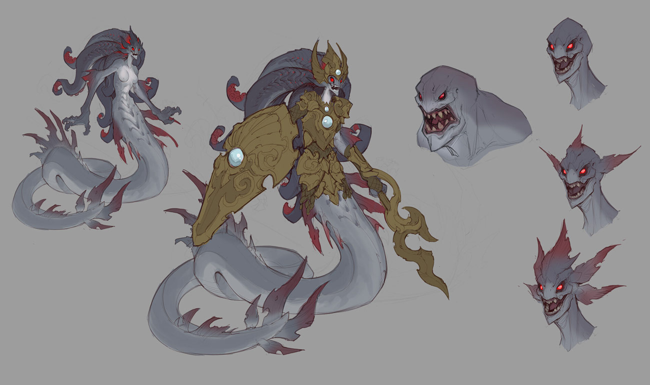 this digital illustration depicts a mermaid warrior with a golden shield and a large, ornate weapon. her face is fierce, and she wears a crown. she is surrounded by smaller sea creatures. the art style is detailed and whimsical.