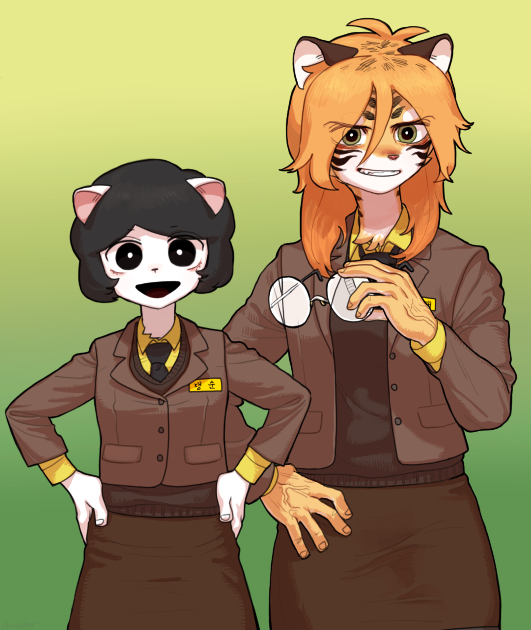 the illustration is a cartoon image of two girls. one girl is a human wearing a brown school uniform and has black hair and cat ears. the other girl is a furry tiger wearing a brown school uniform and black glasses. the girl with the tiger ears is holding glasses in her right hand and smiling. both girls are smiling and standing side by side. the background of the image is a plain green color.