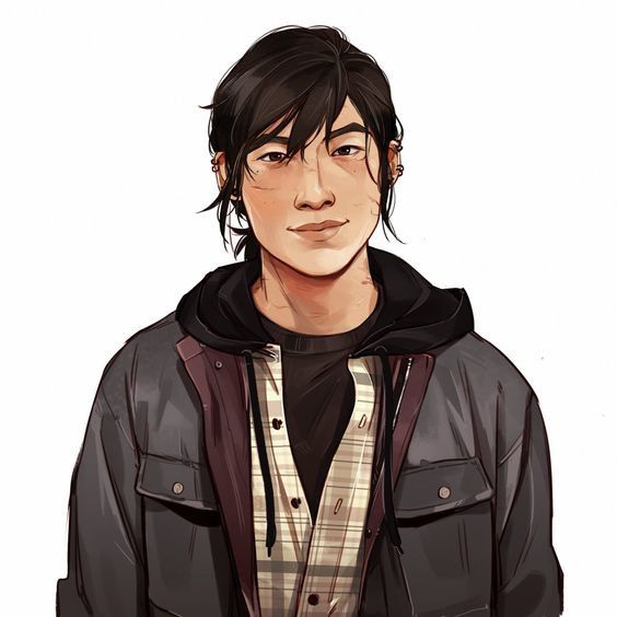 the image is a digital painting or illustration of a young asian man. he appears to be a teenager or young adult with dark, slightly long hair styled back from his face. he has soft features, including expressive eyes, faint freckles, and some small scars visible on his face. he wears a dark gray or black jacket over a light beige and brown plaid shirt. the jacket has a hoodie. he also has small, subtle ear piercings. the overall style of the art is somewhat realistic, with a touch of softness and stylistic choices in the rendering. the background is plain white, focusing all attention on the character. the artwork bears resemblance to character design styles found in video games, especially suggestive of fanart related to abby from the last of us part ii, although not explicitly being her.