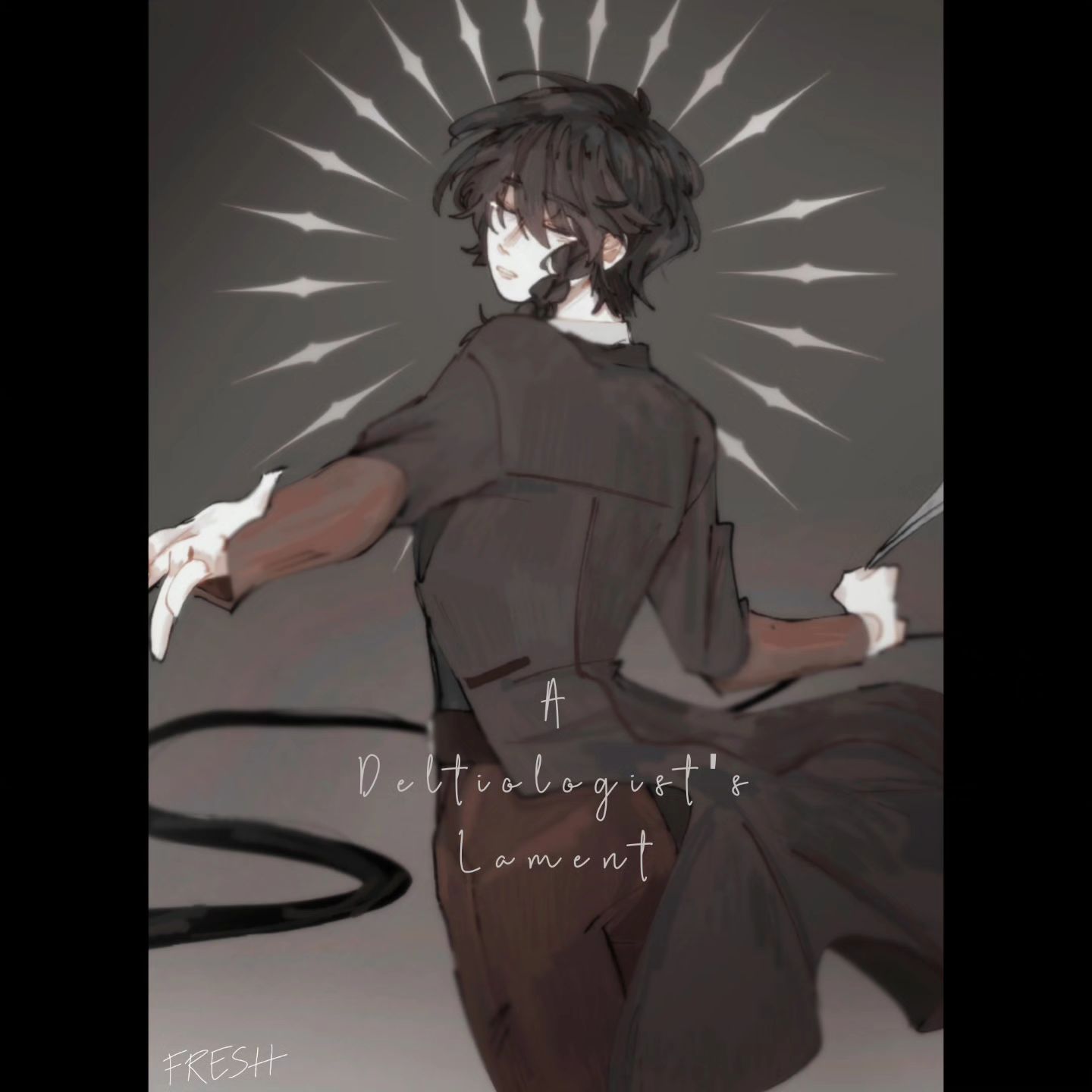 the image is a digital illustration of an anime character, a young male in a dark coat. he stands against a black background with a halo of light behind him. the character has dark hair and a somber expression. the illustration is styled to be dramatic and melancholy, with a focus on detail and mood. the title "a deltiologist's lament" is placed at the bottom of the image, suggesting a story of loss and sorrow.