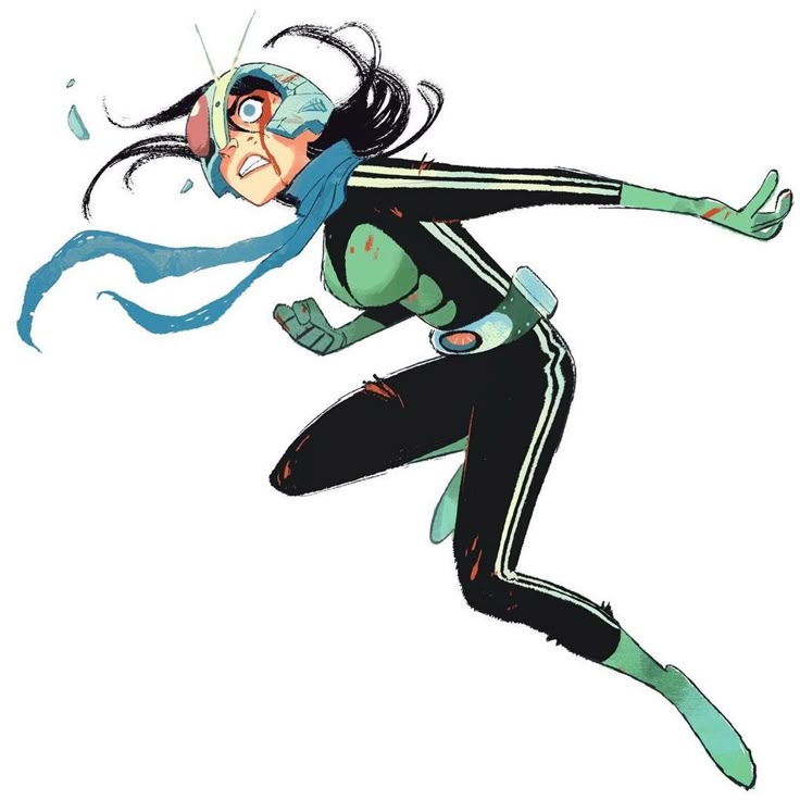 a comicstyle illustration depicts a determined woman in a superherolike outfit midaction. she's wearing a black suit with white stripes down the sides, accented with green panels on the torso and gloves. she also has green footwear. a helmet covers most of her head, and she sports a blue scarf. there are visible signs of battle, with blood on her face and suit, and cracked glass near her head. she's in a running pose, with a determined expression on her face. the background is white.