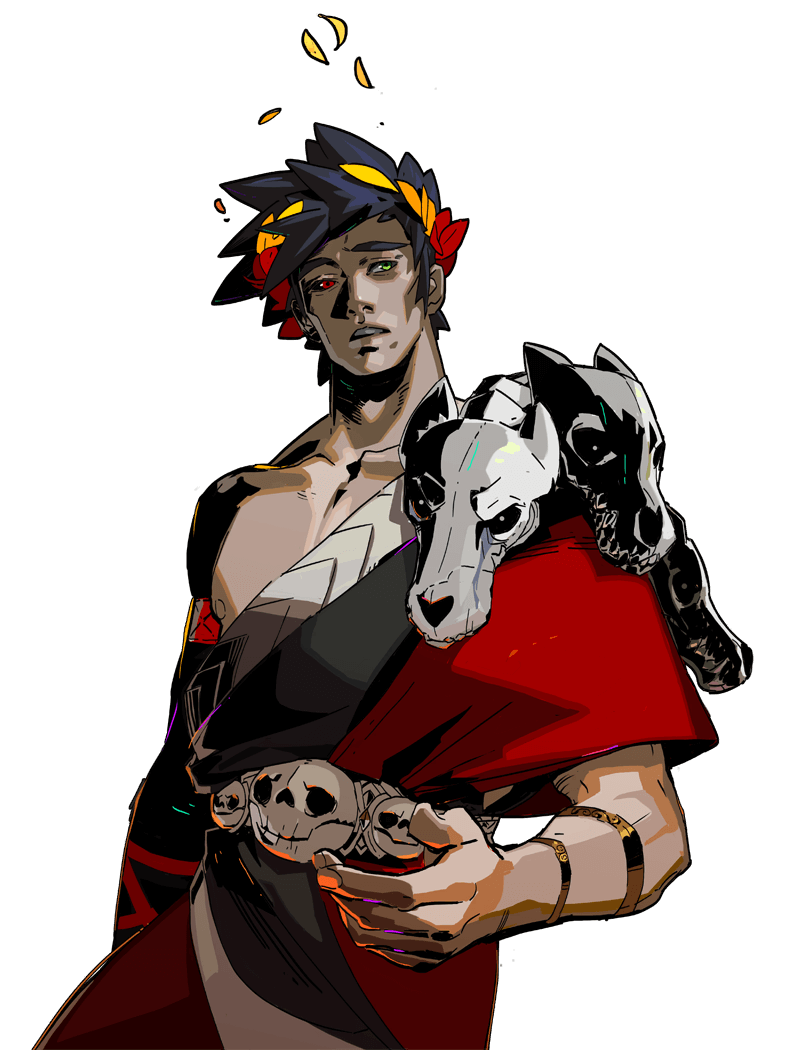this image showcases a digital illustration of zagreus, a character from the video game hades, in a dramatic, animeinspired style. zagreus is depicted as a muscular young man with dark hair, a red headband, and a fierce expression. he is clad in a flowing black and red cape adorned with skulls, and carries a dog's skull on his shoulder. the image exudes a sense of power and determination, highlighting zagreus's role as the god of the underworld. the use of vibrant colors and dynamic poses further emphasizes the intensity and actionpacked nature of the character.