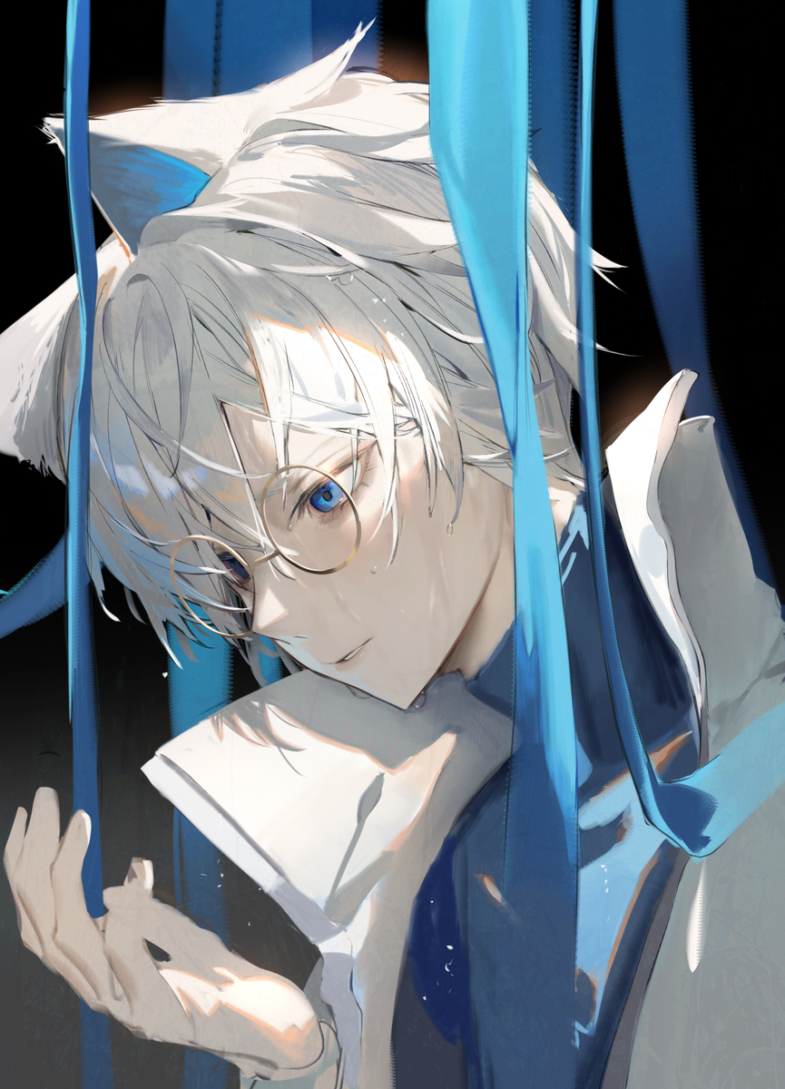 an animestyle drawing depicts a male character with white hair and cat ears, wearing glasses and a collar. he has striking blue eyes and appears to be sad, with tears visible. blue ribbons frame the subject against a dark background.