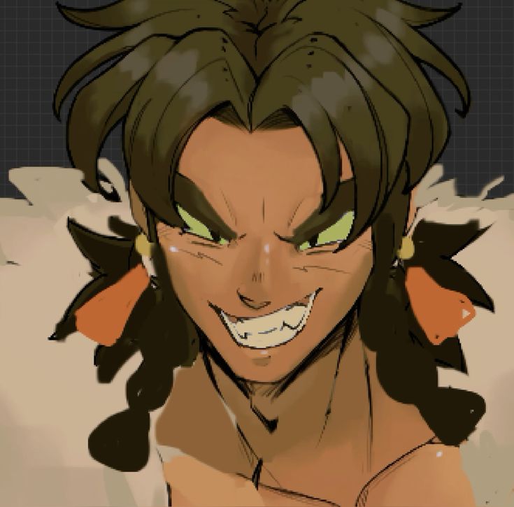 a closeup digital illustration of a male anime character. he has long, dark brown hair, a serious expression with a smirk, and sharp features. he appears strong and possibly villainous, with intense eyes and a menacing demeanor. he's wearing large orange earrings and has fur or a similar material around his neck. the art style is stylized and dramatic.