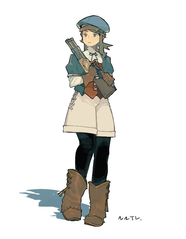 this is a digital drawing of an anime girl with a gun. she is standing with her legs crossed, her right hand on her hip, and her left arm bent holding a rifle. she is wearing a beret, a white shirt, a brown vest, white pants, and brown boots. the background is white.