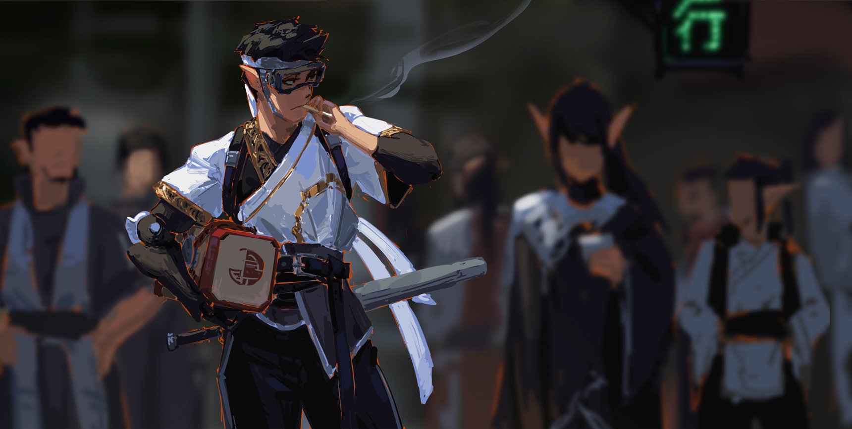 the digital painting showcases a detailed character, possibly an anime or manga style, standing prominently in the foreground.  he appears to be a young man with elflike ears, wearing goggles and a combination of white robes and black clothing, suggestive of a blend of traditional asian attire with futuristic elements.  he holds a box that seems to have asian script on it and carries a katana at his hip. he's smoking something. the background is blurred but shows a crowd of people in similar attire, creating a bustling urban street scene. the overall style is atmospheric and moody, with a cinematic feel. the lighting and color palette enhance the painting's detailed character and surrounding environment.