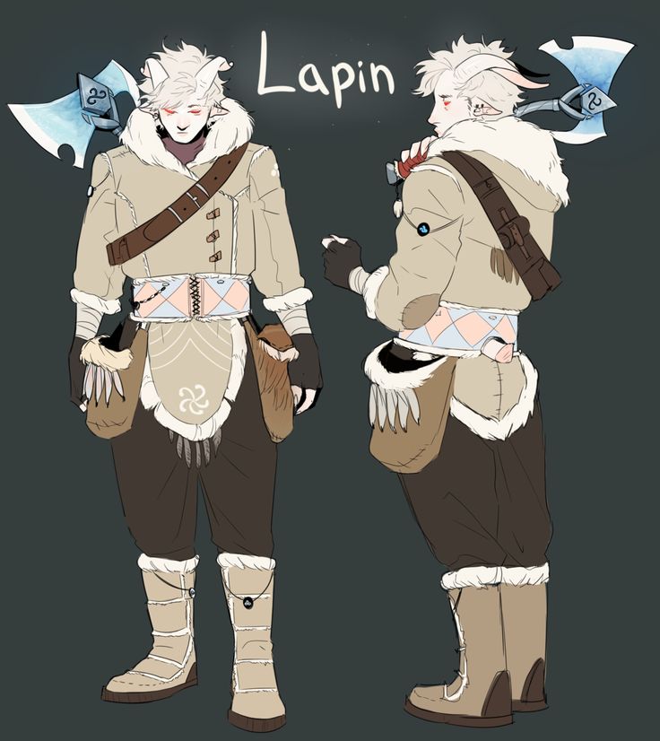 the illustration is a character design of a male anime character with white fur and a white jacket. he is holding an axe with a light blue blade and wears brown boots. the design is shown in two stances.