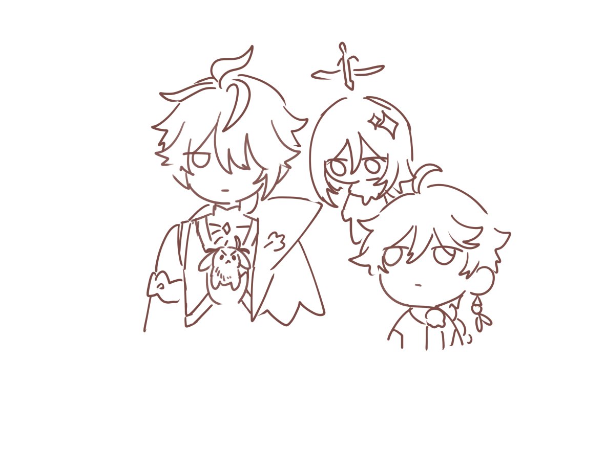 a sketch of three friends. one is a blonde boy wearing a coat, another is a blonde girl with a flower and the last one is a brown haired boy wearing an earring. they look happy and are smiling.