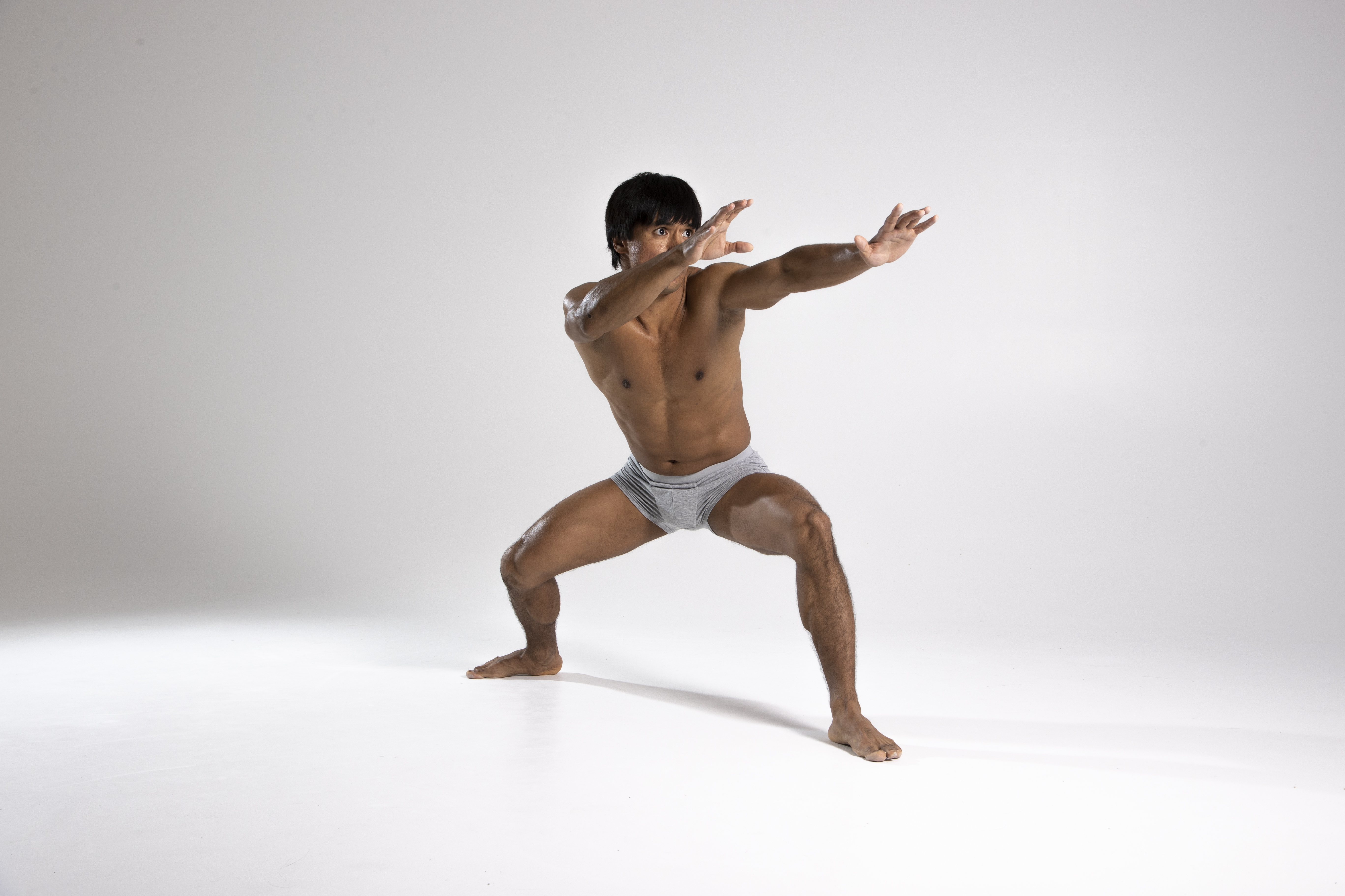a shirtless, muscular man in gray underwear is in a wide stance, posing as if he's training in martial arts in a studio with a white background. his hands are raised as if to block.