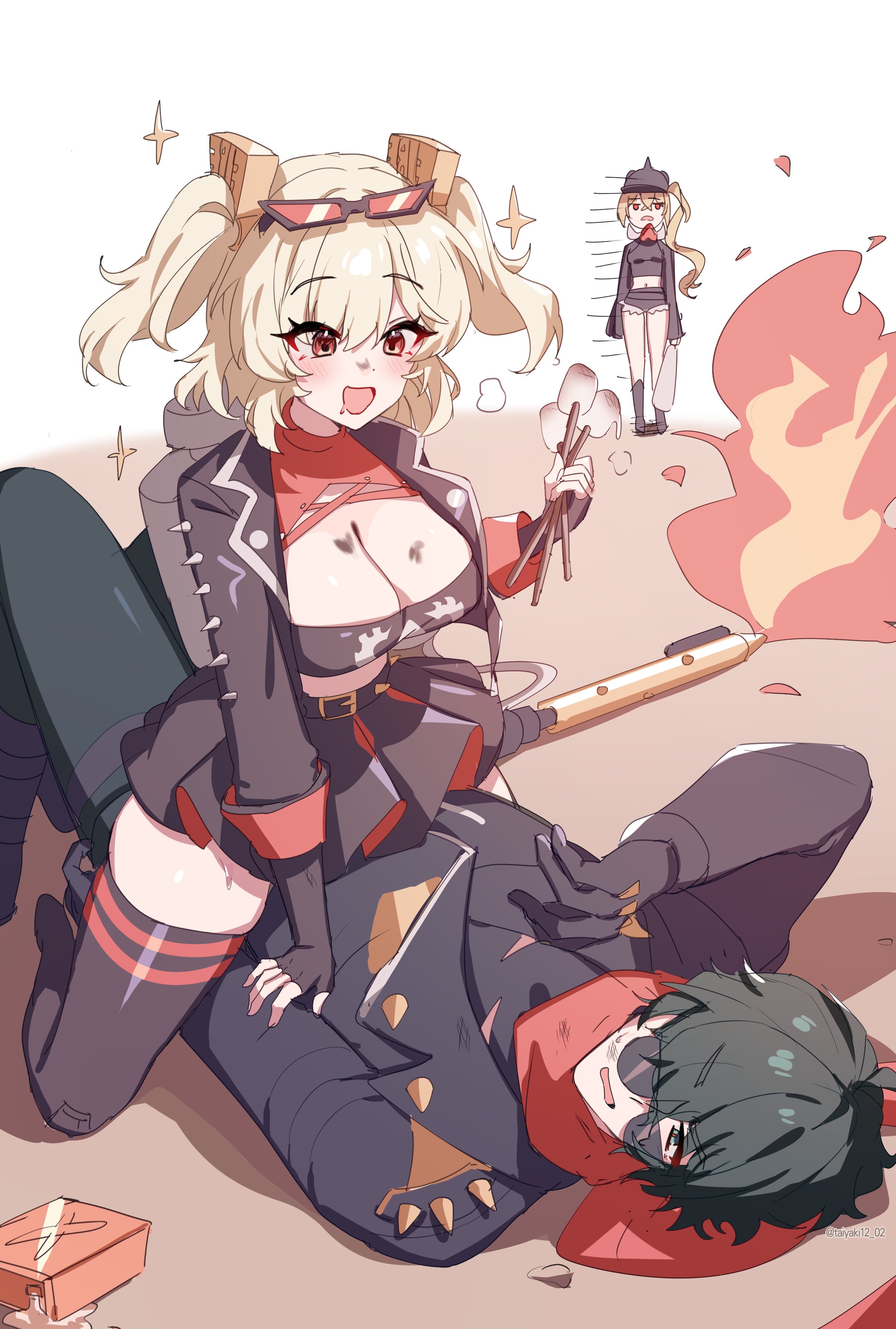 the illustration depicts a lively scene with two animestyle characters. a cheerful blonde girl with pigtails and glasses is playfully sitting on top of a boy with dark hair.  she holds a stick of marshmallows, suggesting a playful roasting session near a small depiction of a fire. the boy appears slightly amused or annoyed, lying on the ground while the girl teases him. a smaller figure of a girl stands in the background, seemingly observing. the overall style is cute and lighthearted. the artwork is digitally created with a focus on vibrant colors and soft lines, indicative of anime and manga aesthetic.